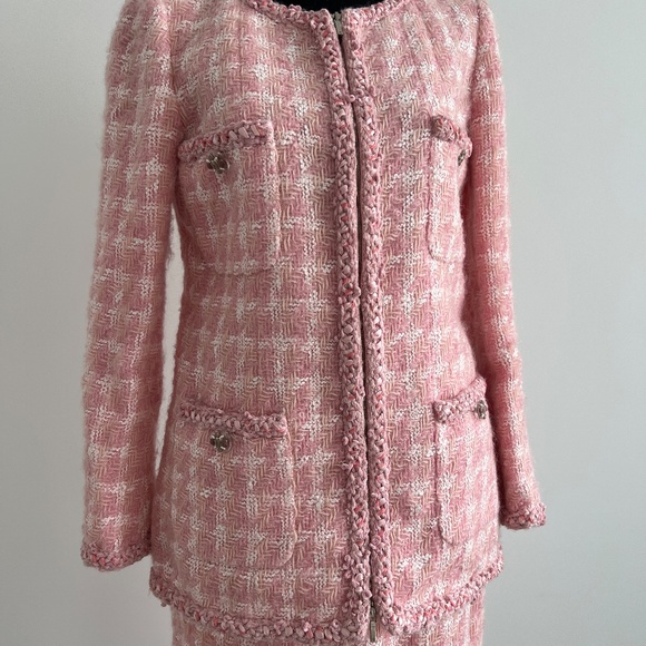 Chanel 2pc Pink Gold Button-Up Tweed Woven Trim Jacket Skirt Suit Set - Picture 4 of 11